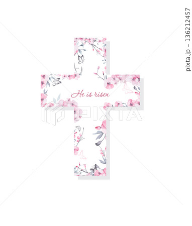 Religious cross with sakura flowers. . Hand drawn. Not AI, vector illustration. He is risen Hand drawn. Not AI, vector illustration 136212457