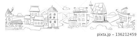 Old town street pencil sketch. Cute architecture Old town street pencil sketch. Cute architecture 136212459