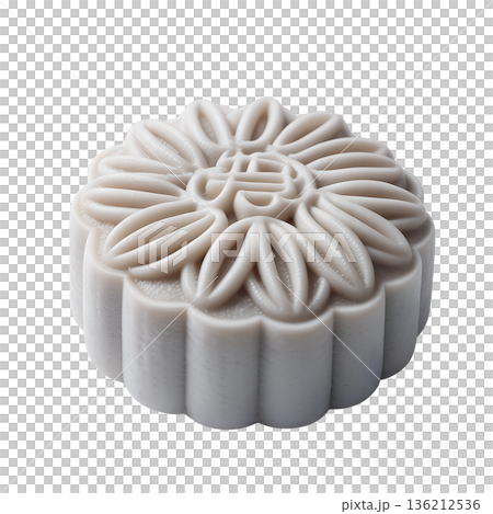 White mooncake with an intricate traditional floral and chinese character design stamped on top, isolated on a clean background White mooncake with an intricate traditional floral and chinese character design stamped on top, isolated on a clean background 136212536