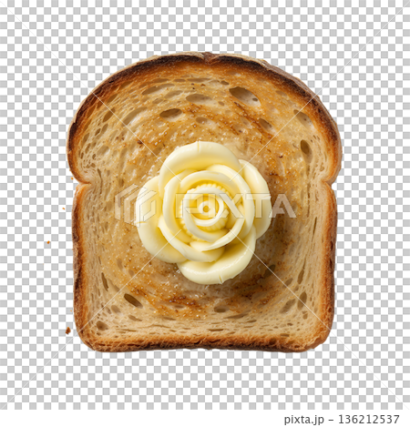 Toasted slice of rustic bread with an elegant butter rose on top, perfect for breakfast, fine dining, and gourmet food photography Toasted slice of rustic bread with an elegant butter rose on top, perfect for breakfast, fine dining, and gourmet food photography 136212537