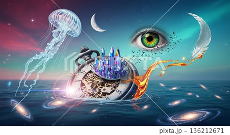 Surreal Dreamscape Featuring Clockwork Mechanisms, Crystal Structures, and Feather Harmony in Cosmos Surreal Dreamscape Featuring Clockwork Mechanisms, Crystal Structures, and Feather Harmony in Cosmos 136212671