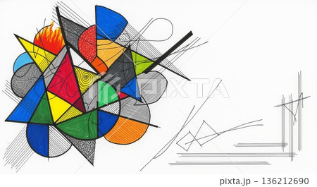 Artistic hand drawn abstract illustration with geometric shapes and enhanced textural elements Artistic hand drawn abstract illustration with geometric shapes and enhanced textural elements 136212690