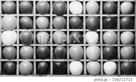 Balloon shooting gallery. Bright balls standing in a row Balloon shooting gallery. Bright balls standing in a row 136212711