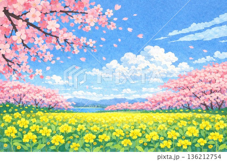 春の風景　桜　菜の花　青空　貼り絵風 136212754