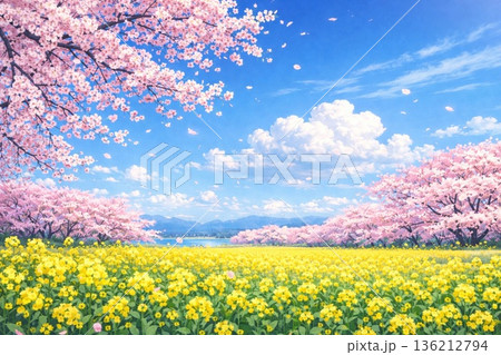 春の風景　桜　菜の花　青空　アニメ調 136212794