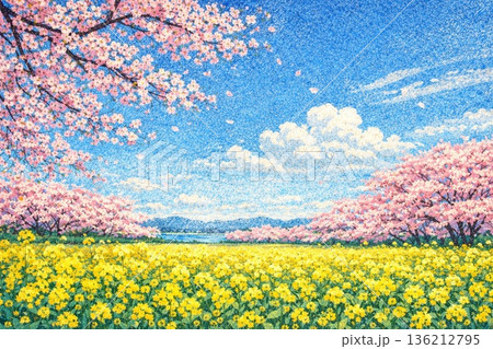 春の風景　桜　菜の花　青空　砂絵風 136212795