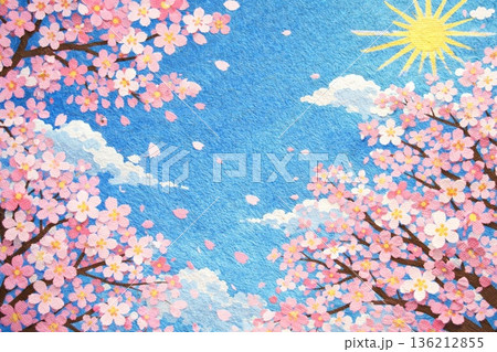 満開の桜　青空　貼り絵風 136212855