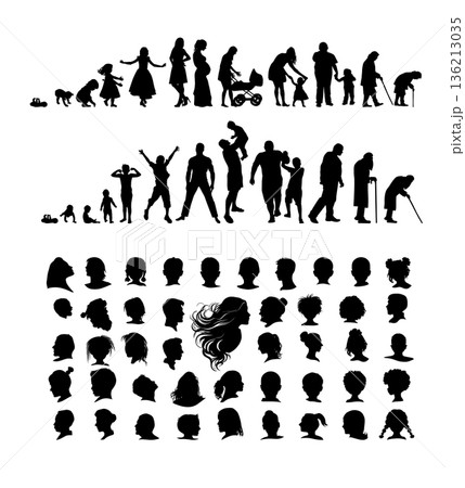 Silhouettes of people cycle of life. Hand drawn. Not AI, vector illustration. Silhouettes of people cycle of life. Hand drawn. Not AI, vector illustration. 136213035