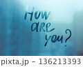 Handwritten question How are you on misted glass on window with raindrops, mental health concept 136213393