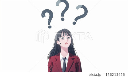 悩みを抱える若い女性のイラスト　疑問や不安を感じるビジネス・教育・キャリアのイメージ 136213426