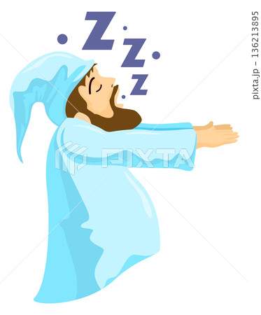A cartoonish man in a blue robe is sleeping with his arms outstretched 136213895