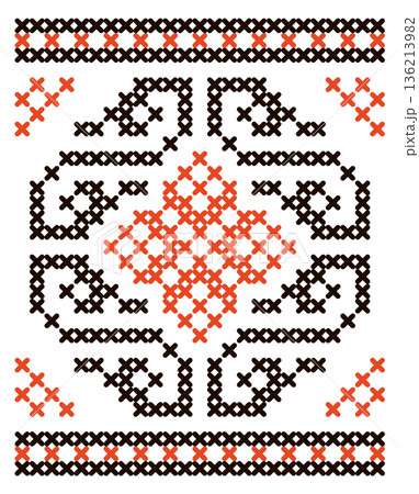 A black and white patterned design with red and orange accents 136213982