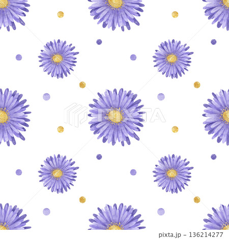 Seamless floral pattern with simple hand-drawn aster flowers. Watercolor, pastel, gouache. In a flat style. Colors: purple, lilac. For design products, prints, packaging, textiles, wallpaper. Seamless floral pattern with simple hand-drawn aster flowers. Watercolor, pastel, gouache. In a flat style. Colors: purple, lilac. For design products, prints, packaging, textiles, wallpaper. 136214277