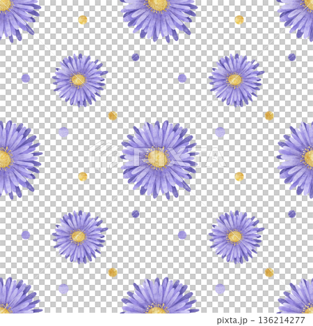 Seamless floral pattern with simple hand-drawn aster flowers. Watercolor, pastel, gouache. In a flat style. Colors: purple, lilac. For design products, prints, packaging, textiles, wallpaper. Seamless floral pattern with simple hand-drawn aster flowers. Watercolor, pastel, gouache. In a flat style. Colors: purple, lilac. For design products, prints, packaging, textiles, wallpaper. 136214277