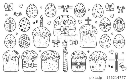 Big black line Easter set, decorated eggs and cakes with sugar glaze. Whimsical outline signs, festive linear pictograms Big black line Easter set, decorated eggs and cakes with sugar glaze. Whimsical outline signs, festive linear pictograms 136214777