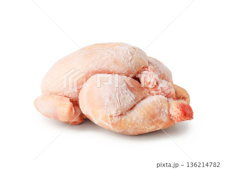 Whole frozen chicken covered in frost and ice crystals. Raw poultry meat isolated on white background. Cold uncooked broiler carcass ready for defrosting and cooking. High quality photo Whole frozen chicken covered in frost and ice crystals. Raw poultry meat isolated on white background. Cold uncooked broiler carcass ready for defrosting and cooking. High quality photo 136214782