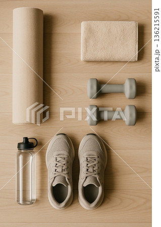 Flatlay Yoga Mat Shoes And Towel On Floor 021125 136215591