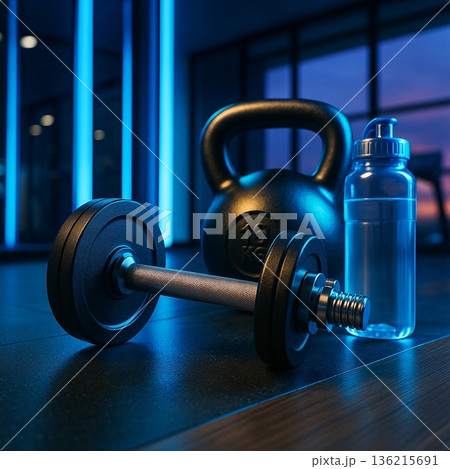 Metal Kettlebell And Water Bottle On Wooden Floor 021125 136215691