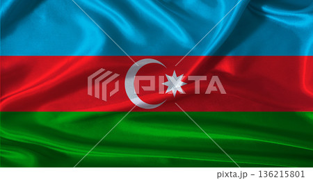 National flag of Azerbaijan with cloth texture. Azerbaijan flag with realistic texture background 136215801