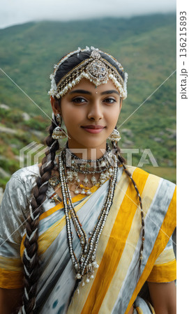 Traditional indian woman jewelry ethnic dress braided hair silver necklace mountain landscape cultural portrait young woman 136215893
