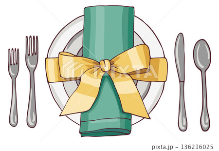 Luxury served plate color drawing. Banquet table dish 136216025