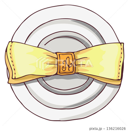 Napkin on plate. Served dinner drawing. Luxury table 136216026