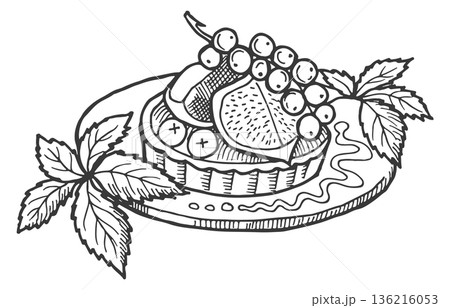 Berry tart on plate engraving. Tasty bakery drawing 136216053