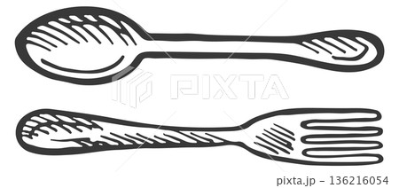 Spoon and fork doodle. Cutlery hand drawn icon Spoon and fork doodle. Cutlery hand drawn icon 136216054