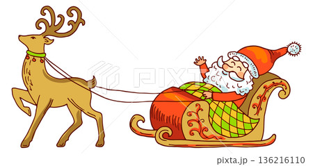 Santa ride reindeers sled. Hand drawn christmas mascot 136216110
