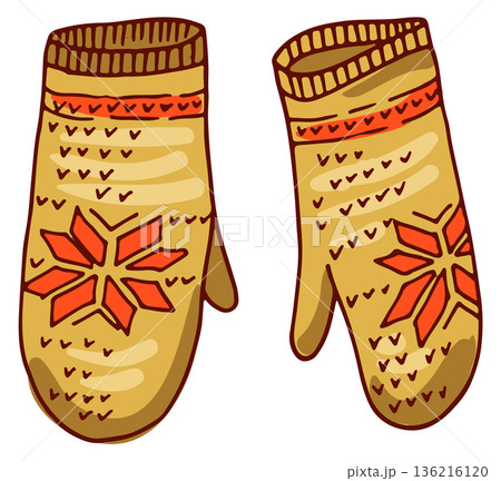 Winter mittens drawing. Hand drawn knitted gloves Winter mittens drawing. Hand drawn knitted gloves 136216120