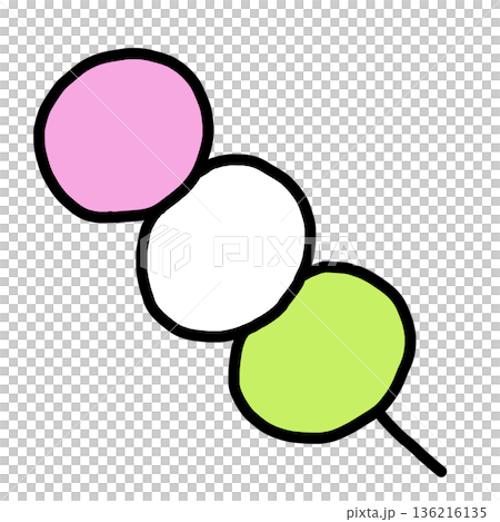 手繪變形三色團子插圖（粉紅色、白色、黃綠色）可愛的日式甜點 136216135