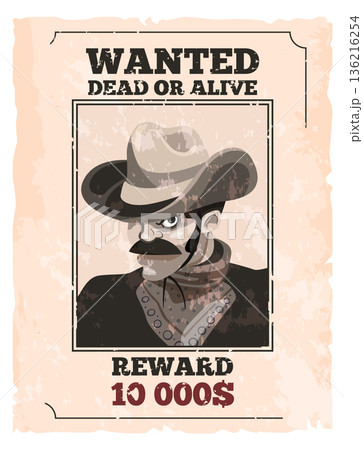 Wanted dead or alive poster. Criminal reward illustration 136216254