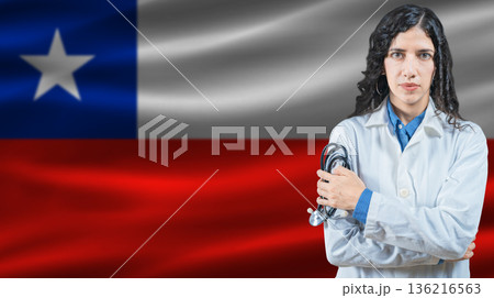 Chilean national health system, Medical professional on Chile flag background Chilean national health system, Medical professional on Chile flag background 136216563