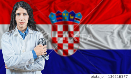 Croatian national health system, Medical professional on Croatia flag background 136216577