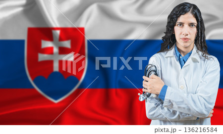 Slovak national health system, Medical professional on Slovakia flag background Slovak national health system, Medical professional on Slovakia flag background 136216584