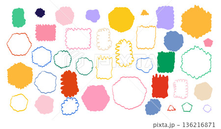 Set of colorful wavy sticker shapes. Bright blobs with hand-drawn edges for playful labels, collage accents decorative 136216871
