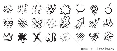 Hand drawn comic effect manga elements set. Cartoon doodle anime icons with arrows, bubbles, sparks, lightning, hearts Hand drawn comic effect manga elements set. Cartoon doodle anime icons with arrows, bubbles, sparks, lightning, hearts 136216875