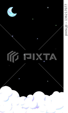 縦長サイズの8bitレトロゲーム風で雲と星と月が浮かぶ青と緑の空背景イラスト 136217077