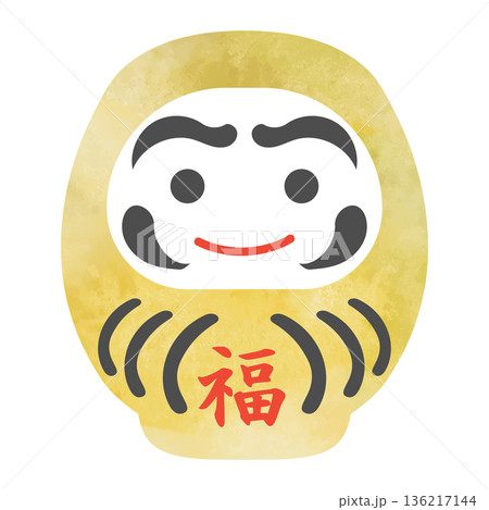 水彩の金のだるまのイラスト　ベクター　金色　黄金色　透過背景　アイコン　挿絵　広告　縁起物　年賀状 136217144