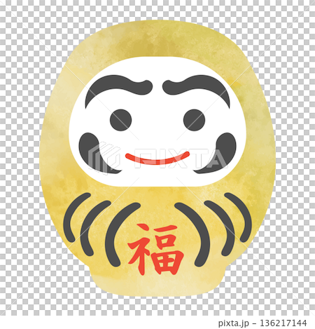 水彩の金のだるまのイラスト　ベクター　金色　黄金色　透過背景　アイコン　挿絵　広告　縁起物　年賀状 136217144