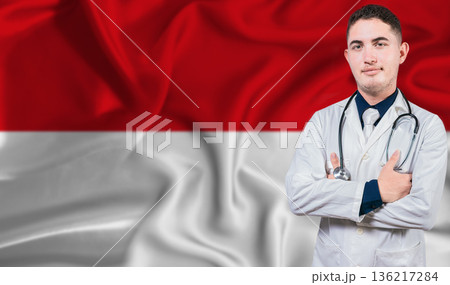 Portrait of medical professional on Monaco flag background. Monegasque national health system Portrait of medical professional on Monaco flag background. Monegasque national health system 136217284