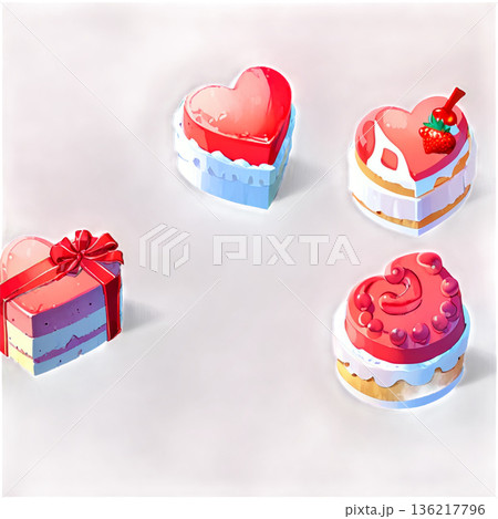 ホワイトデー、ハート、イラスト、愛、LOVE、クッキー、マカロン、プレゼント、リボン、ケーキ、デコレ 136217796