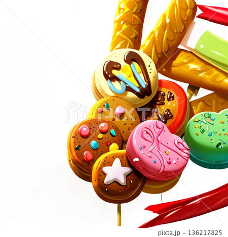 ホワイトデー、ハート、イラスト、愛、LOVE、クッキー、マカロン、プレゼント、リボン、ケーキ、デコレ 136217825