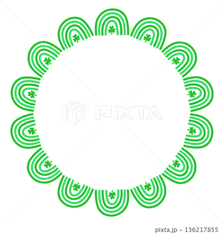 Whimsical vector circular frame made of green clover leaves and rainbow. Cute hand drawn shamrock isolated on white background, perfect for St Patricks Day designs, invitations, cards, seasonal decor 136217855