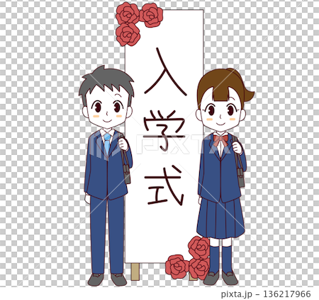 Illustration of new first-year students wearing blazers standing in front of a signboard at the entrance ceremony 136217966