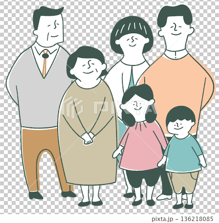 高齢夫婦と若い家族の集合イラスト 高齢夫婦と若い家族の集合イラスト 136218085