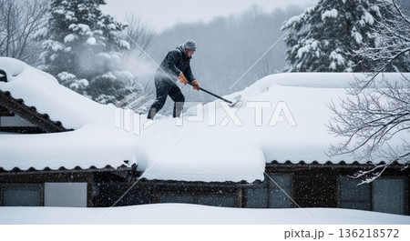 冬の情景：伝統家屋の屋根で雪下ろしをする人 136218572