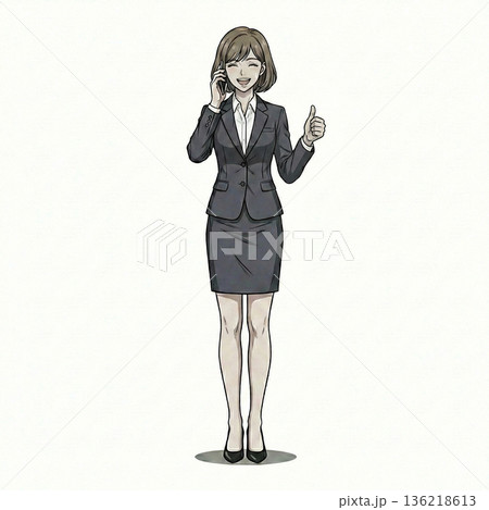 電話しながらいいねする立ちポーズのビジネススーツを着た女性　イラスト 136218613
