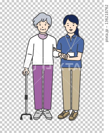高齢者の歩行介助をする介護士のイラストベクター素材 136218762