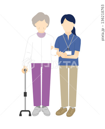高齢者の歩行介助をする介護士のイラストベクター素材 136218763